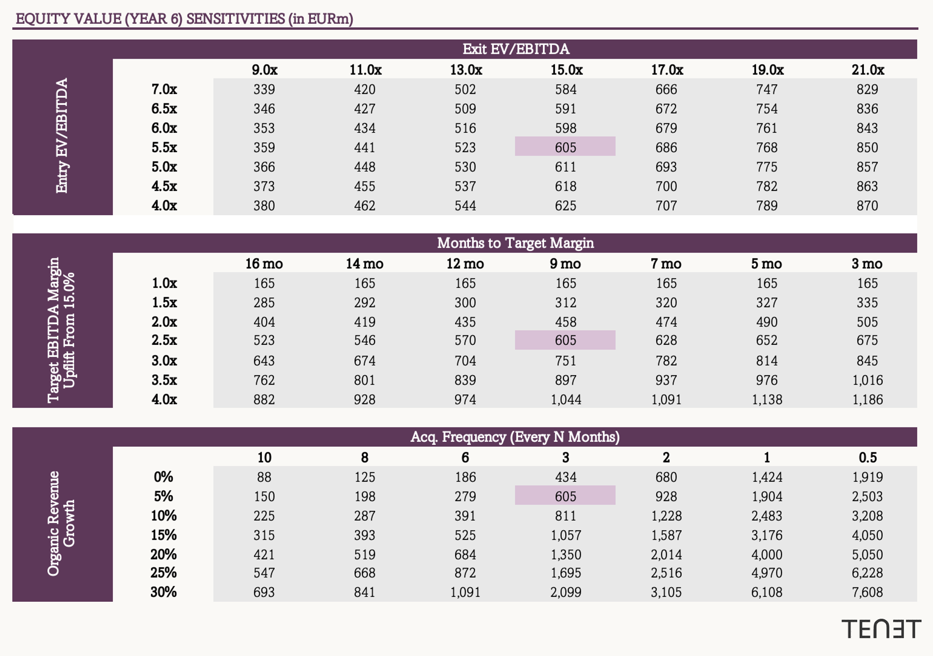 AI Roll-up Financial Model equity value sensitivities